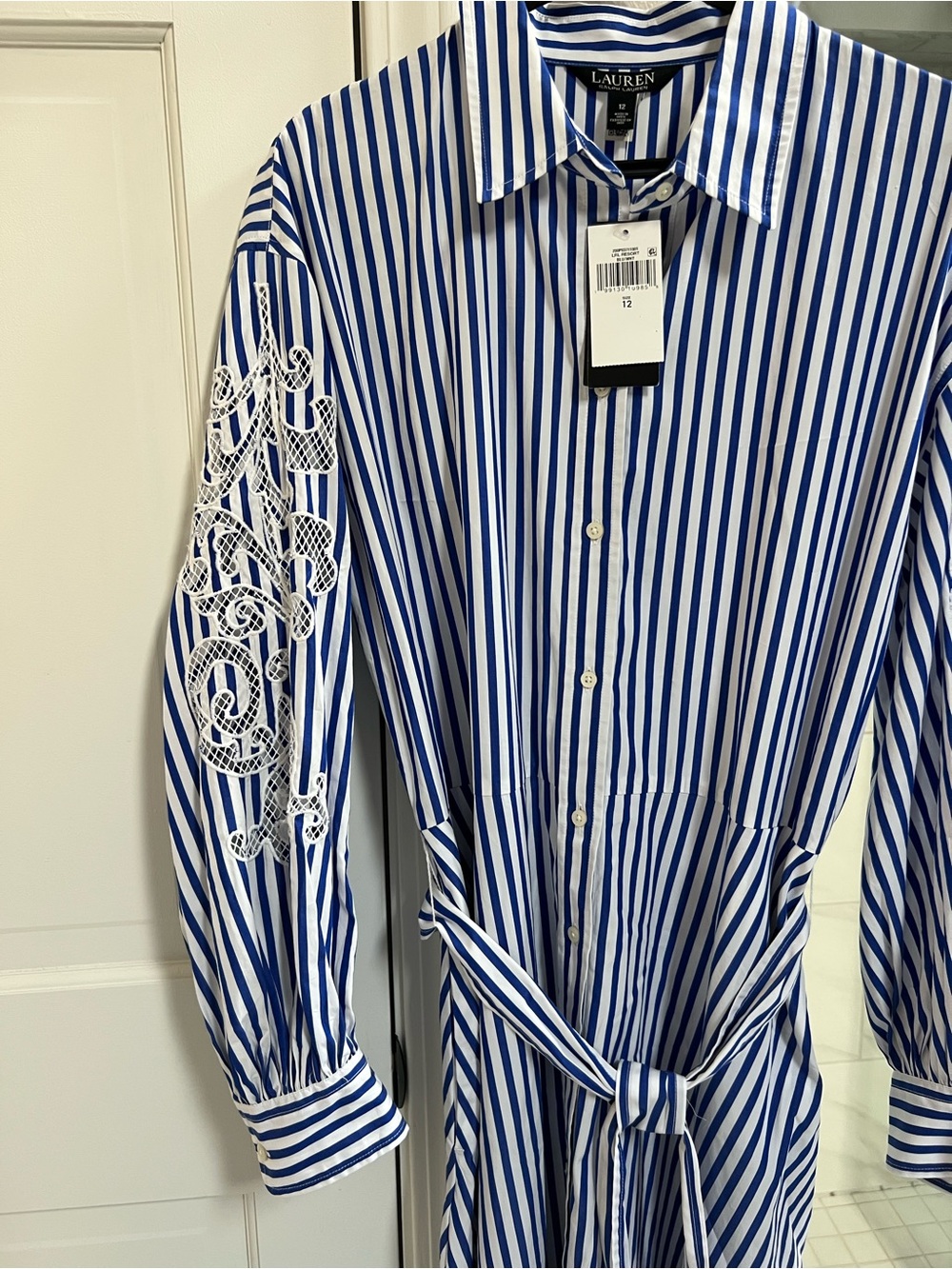 Lauren Ralph Lauren Blue & White Striped Maxi Shirt Dress with Lace Sleeve - Picture 2 of 7